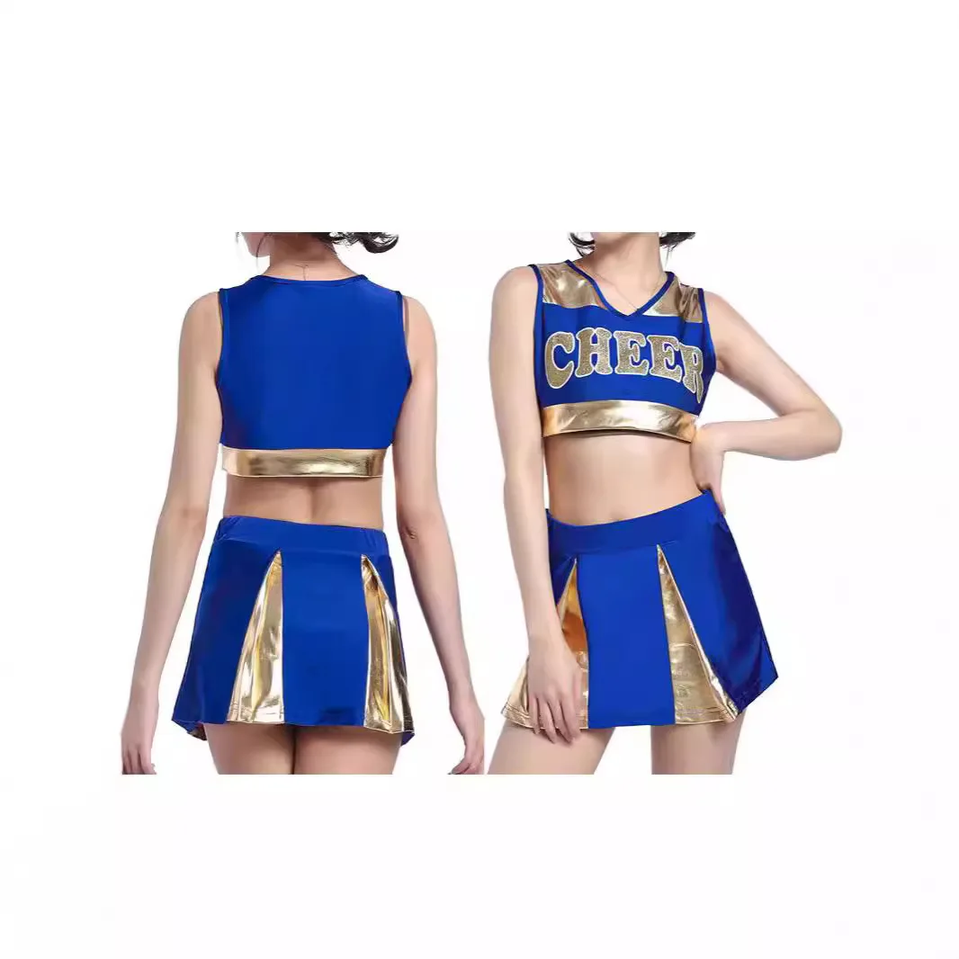 Cheerleading Costume V-neck Sleeveless Waist Revealing Top High Waisted A-line Short Skirt Color Blocked Performance Suit Set