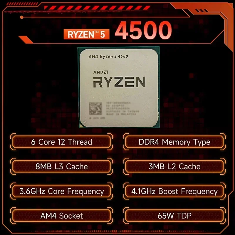 AMD Ryzen 5 4500 네이키드 패키징 소켓 AM4 6코어 12스레드 L3=8MB DDR4 프로세서 65W PCIe 3.0 7NM 새 CPU (팬 미포함)