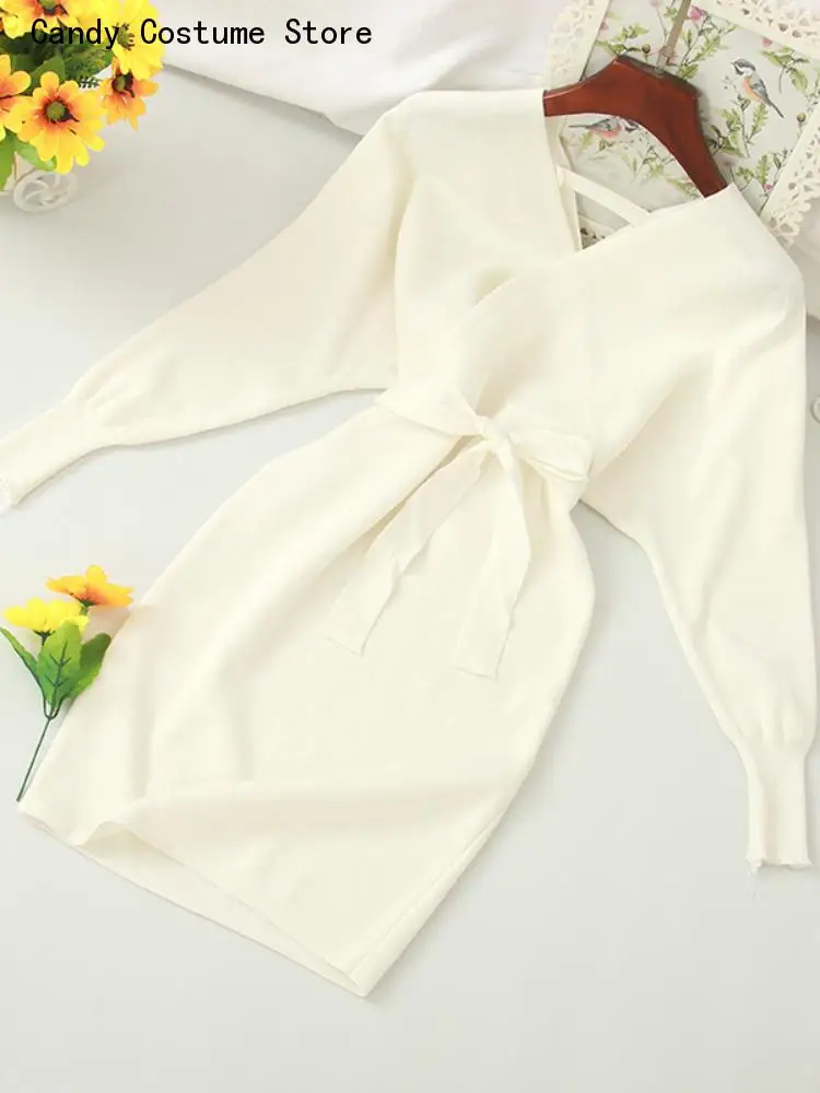 

Slim Office Lady Dresses New Autumn Women Sexy Elegant Knitted Dress Backless V Neck Sash Tie Up High Waist