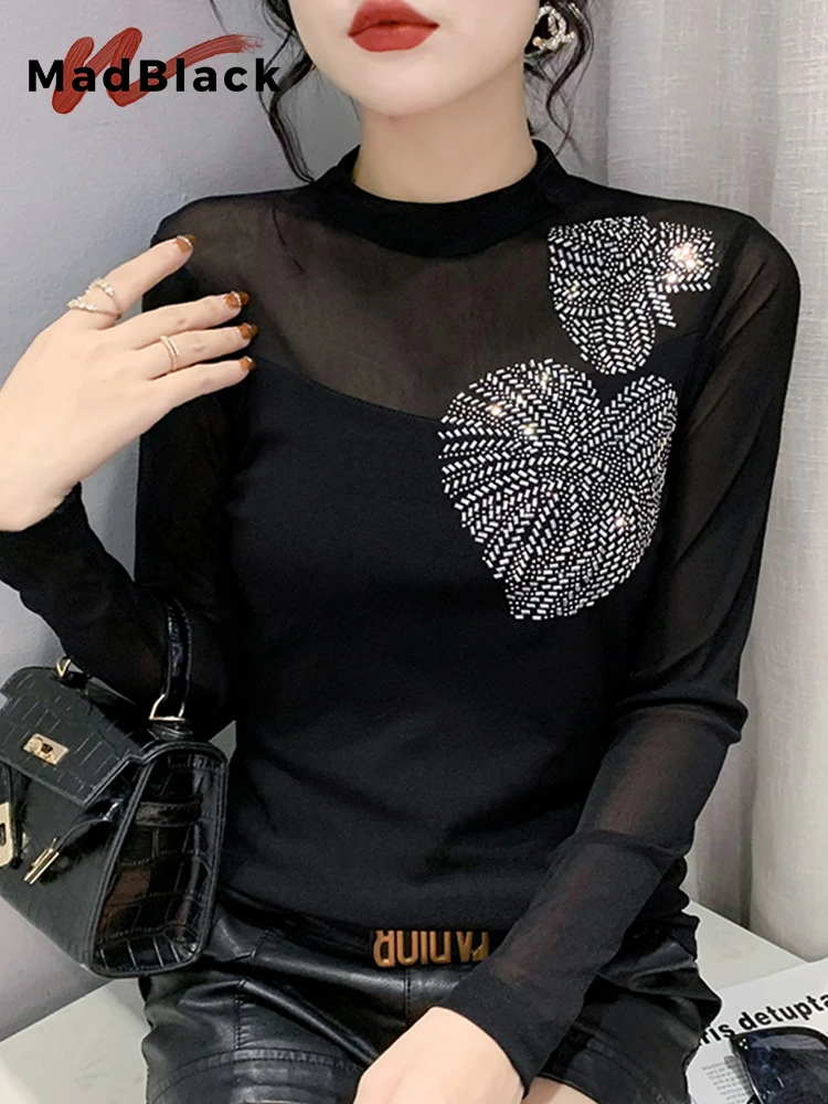 

Весенние сексуальные футболки MadBlack с круглым вырезом, блестящие облегающие сетчатые топы с блестящими стразами, женские футболки с длинным рукавом, осень T31420X