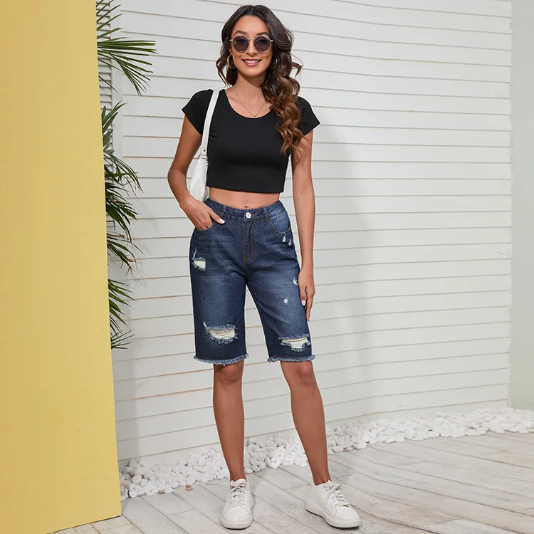 2022 Women's New Temperament Commuter Fashion Washed Ripped Mid-waist Dark Casual Denim Pants Women european and american women s jeans high waist washed blue jeans temperament commuter pants mom denim wide leg pants