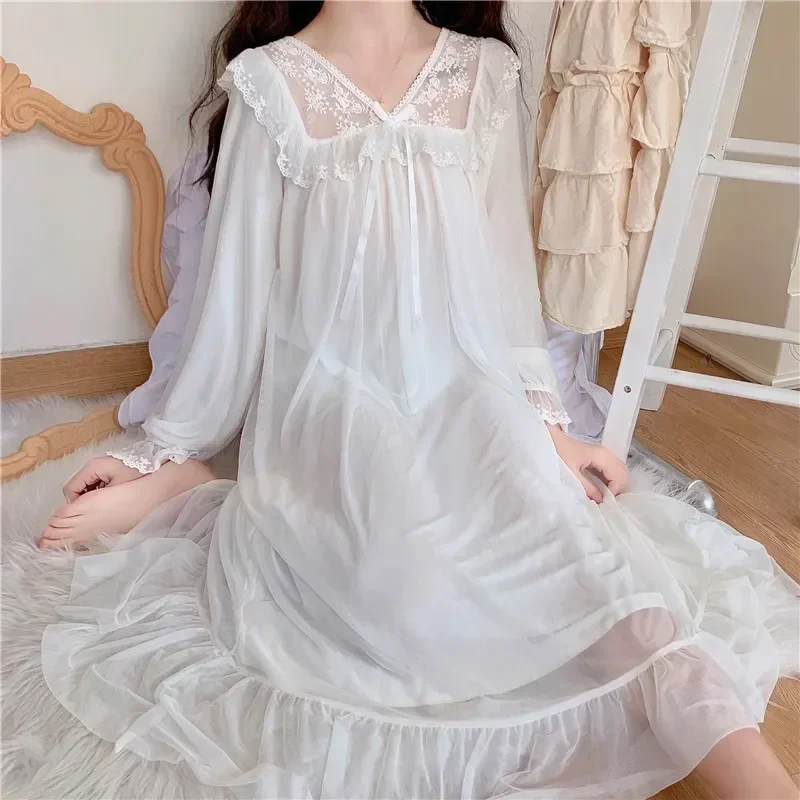 

Victorian Ladies Nightgowns Lolita Dress Wear Peignoirs Women Lounge Princess Embroidery White Night Lace Sleepwear Girl