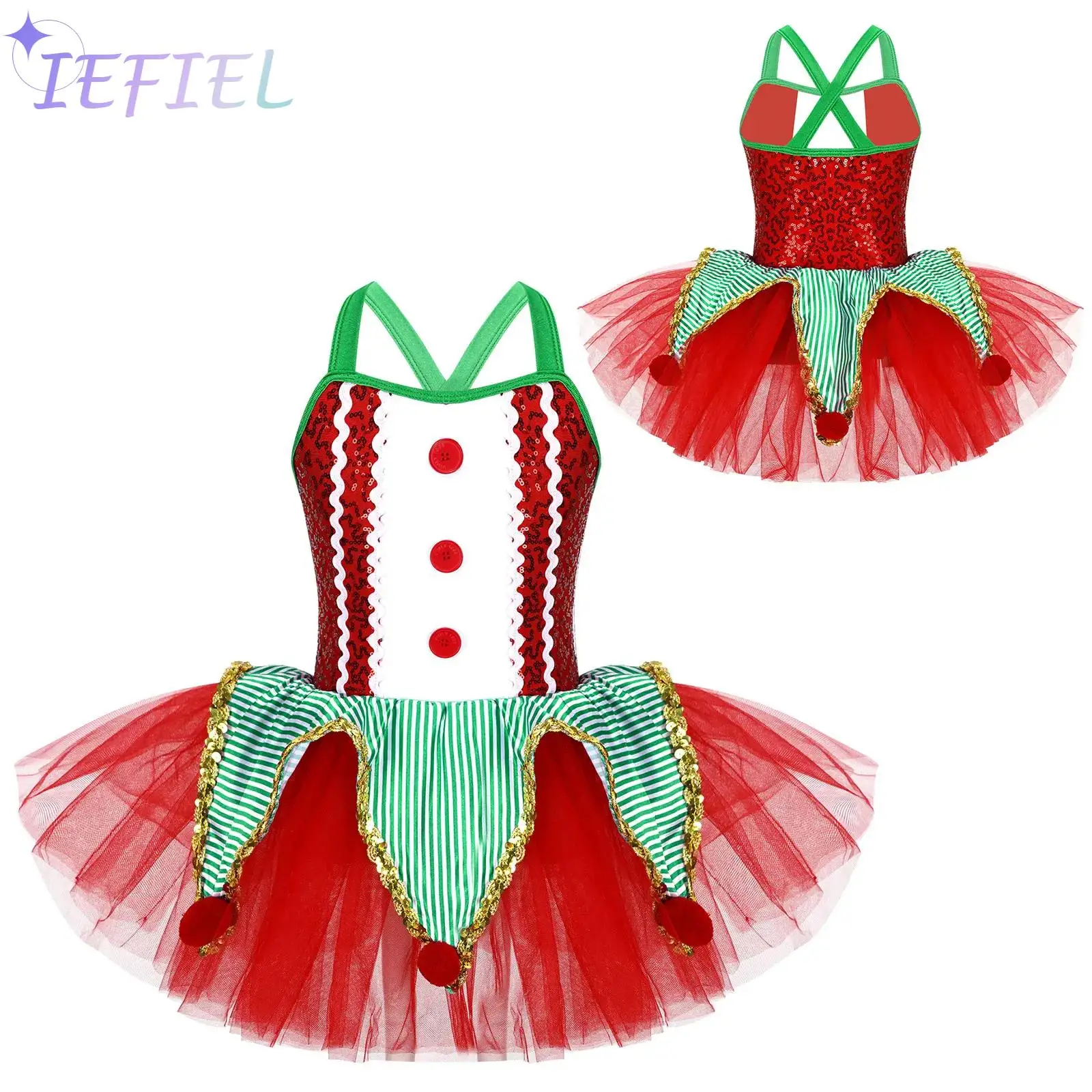 

Girls Christmas Santa Claus Dress Carnival Party Clown Cosplay Stage Costume Sequin Mesh Ballet Dance Ruffle Tutu Dancewear