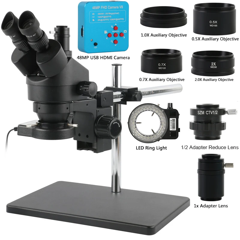 

7x-45X Simul-Focal Trinocular Stereo Microscope 1080P 48MP 2K 4K HDMI USB VGA Digital Video Camera For Phone PCB Jewelry Repair