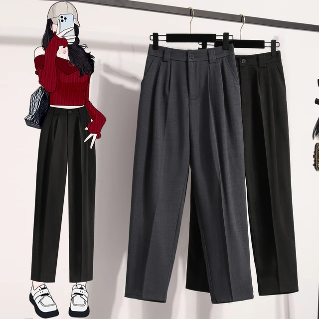 Pantalons grande taille pour femmes printemps été 2025 nouvelle mode coréenne taille haute costume pantalon femmes gris ou noir pantalon décontracté femme 2