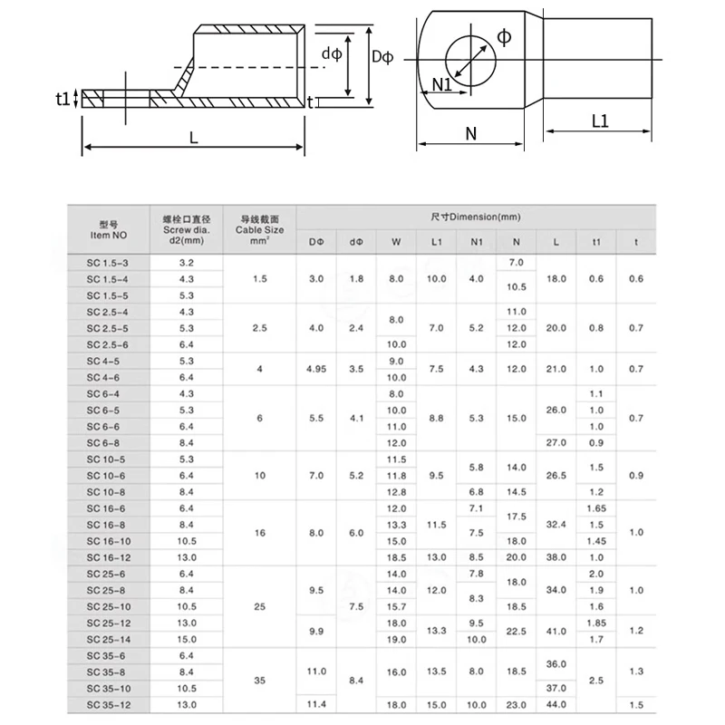 Description Picture 2 of item5/10PCS SC35-6 35-8 35-10 35-12 Copper Cable Lug Kit Bolt Hole Tinned Cable lugs Battery Terminals copper Wire connector
