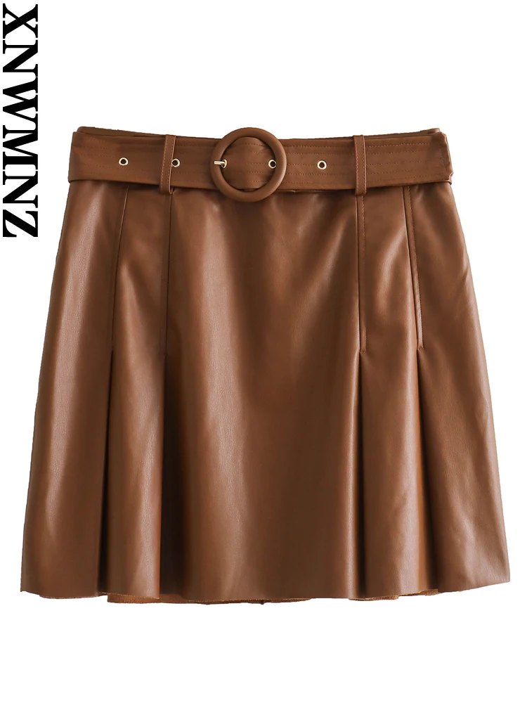 

XNWMNZ Women's Fashion 2023 Autumn/Winter Faux Leather PU Box Pleat Mini Skirt Women High Waist Belt Versatile Female Skirt