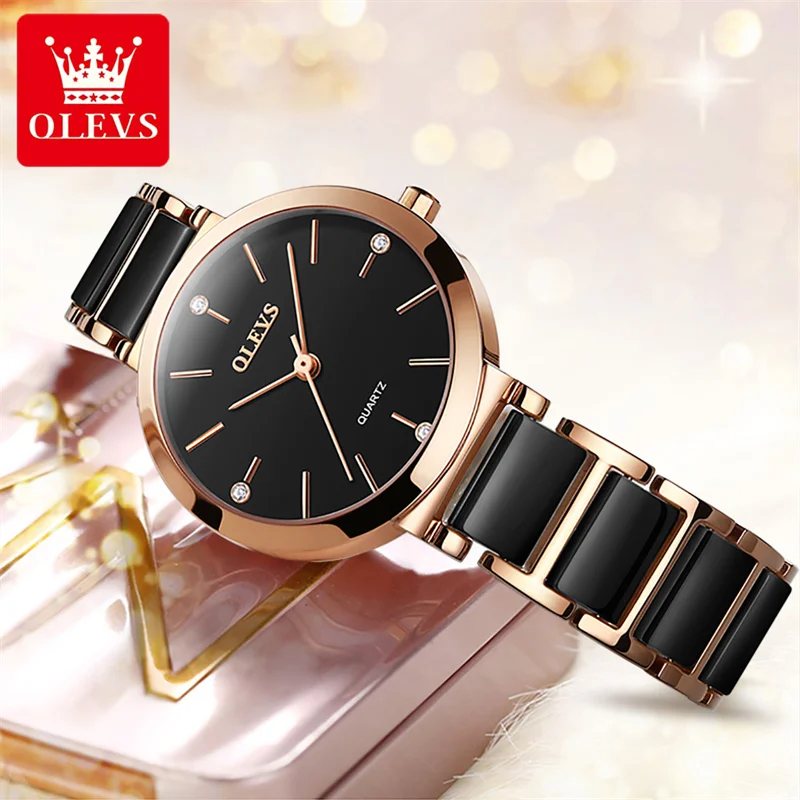 OLEVS 2023 New Women's Watches Black Ceramic Luxury Watch Women Fashion Female Wrist Watch For Gift Relogio Mujer 5877