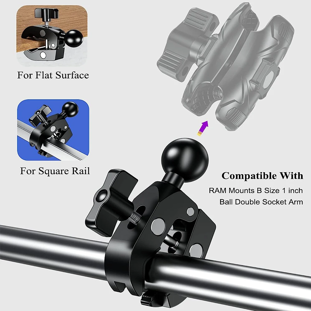 Ball Head Handlebar Clamp Mount Base 1" 17/25mm Ball Mount for Gopro Accessories Double Socket Arm & Bike Motorcycle Phone Holder