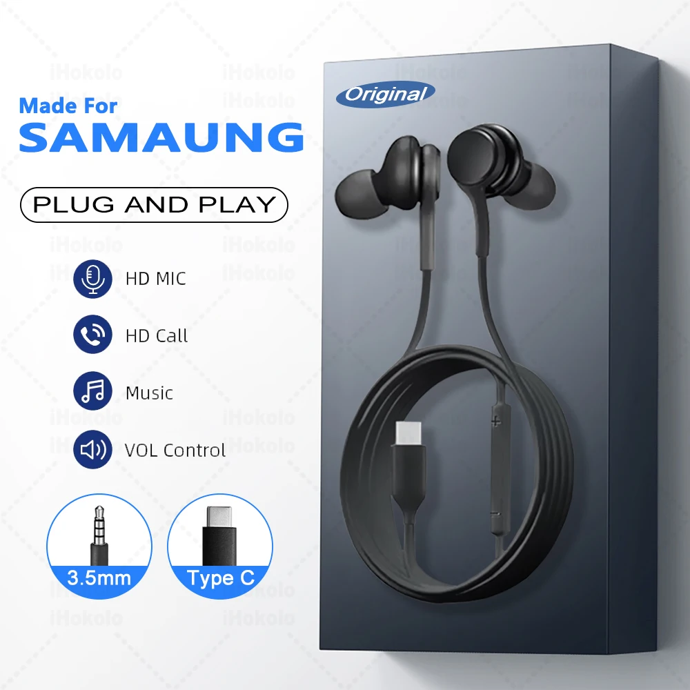 Type C Wired Earphone with USB-C and 3.5mm Jack Compatibility