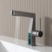 New Tuqiu Bathroom Basin Faucet Pull Out Digital Display Sink Mixer Hot and Cold Chrome 3 Functions Spray Tap Brass Material 1