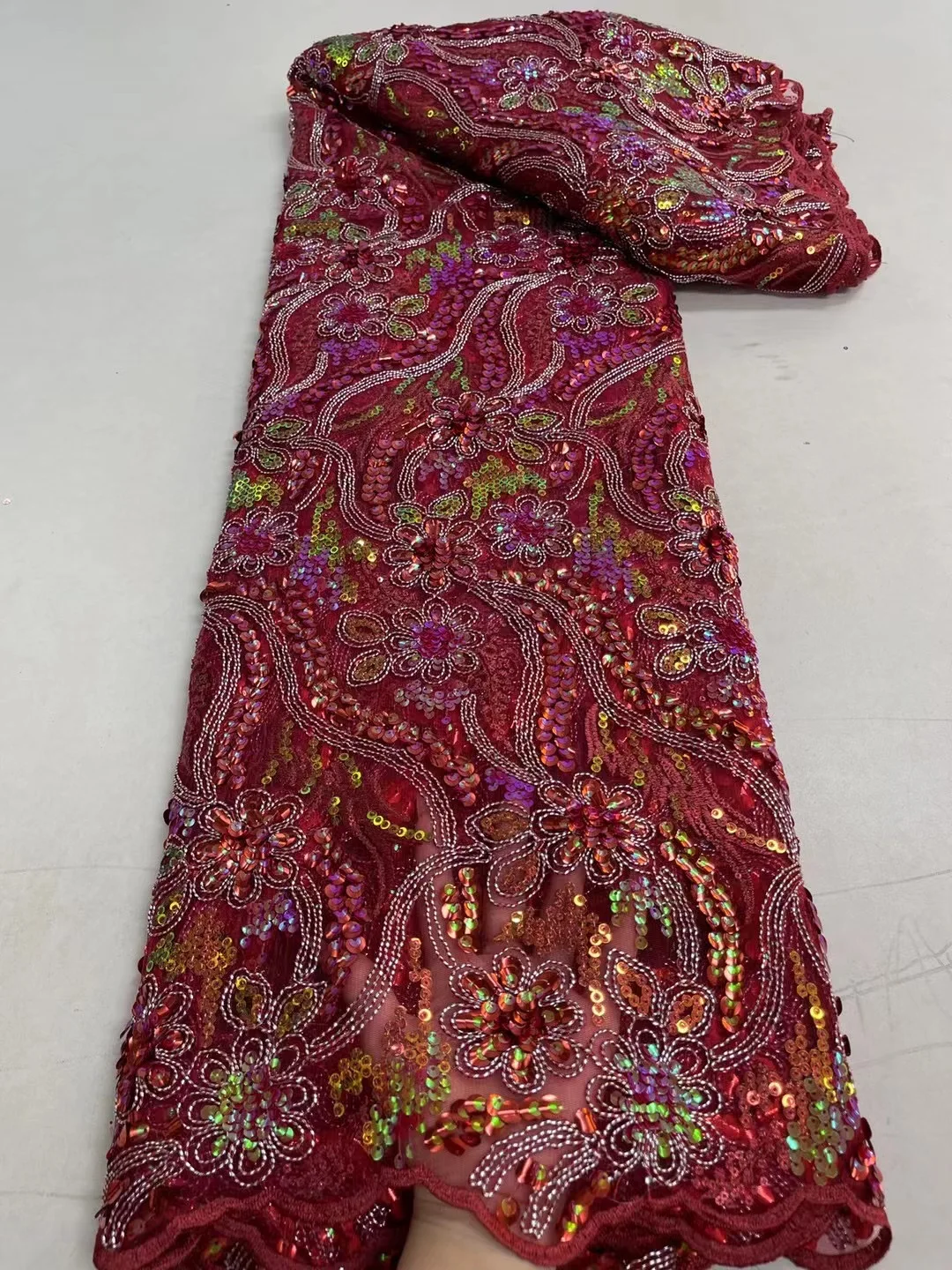 

New Arrival French Wine Red Sequins Tulle Lace Nigerian High Quality Embroidered Gurpure Cord Fabric For Wedding Party Dresses