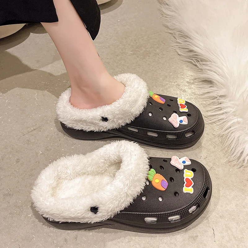 1 Pair Removable Cotton Sleeve For Clogs Slippers Black/White Insoles Inserts Fur Lined Shoes Plush Liner Winter Warm Shoe Cover