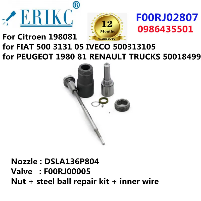 

ERIKC F00RJ02807 NOZZLE DSLA136P804 Injector Overhaul Kits F00RJ03284 VALVE F00RJ00005 FOR FIAT IVECO 0445120002 0986435501