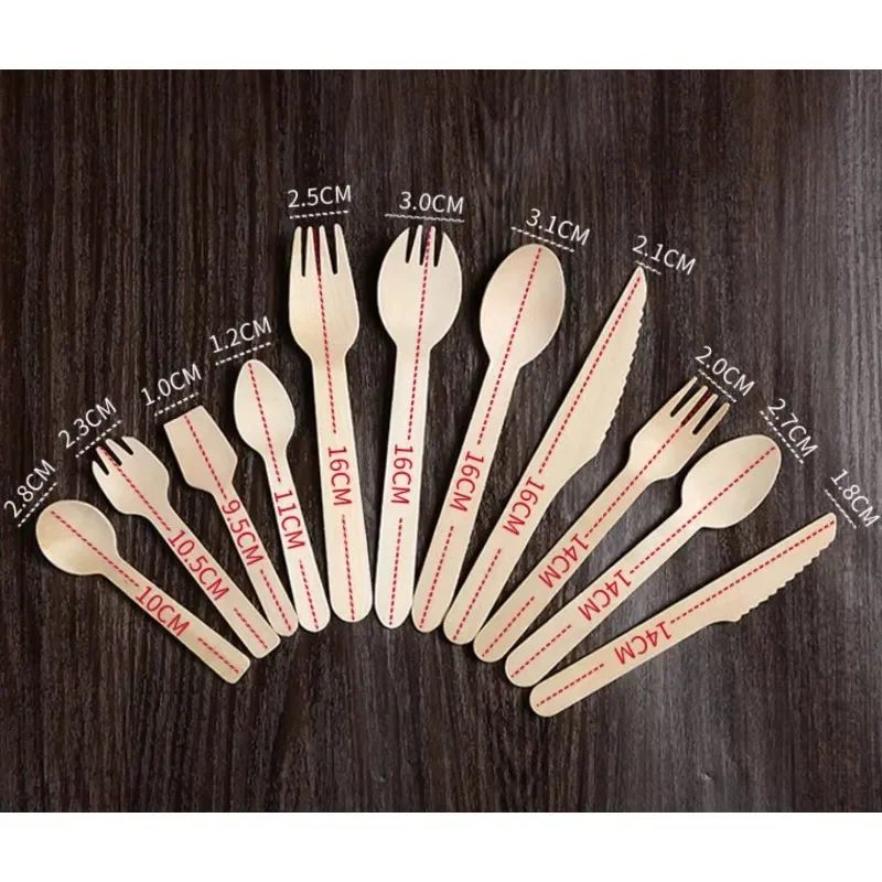 Disposable Wooden Spoon Set Wooden Knife Fork Cake Dessert Spoon Fruit Fork Ice Cream Biodegradable Commercial Tableware