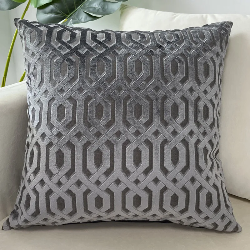 Grey Geometric Cushion Covers Decorative Luxury Jacquard Velvet