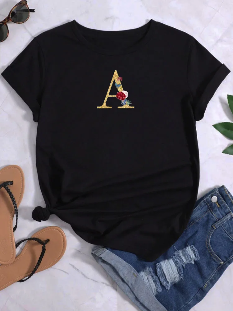

Crew Neck Top Gold Letters Women Casual T Shirts New Fashion T Shirts For Women