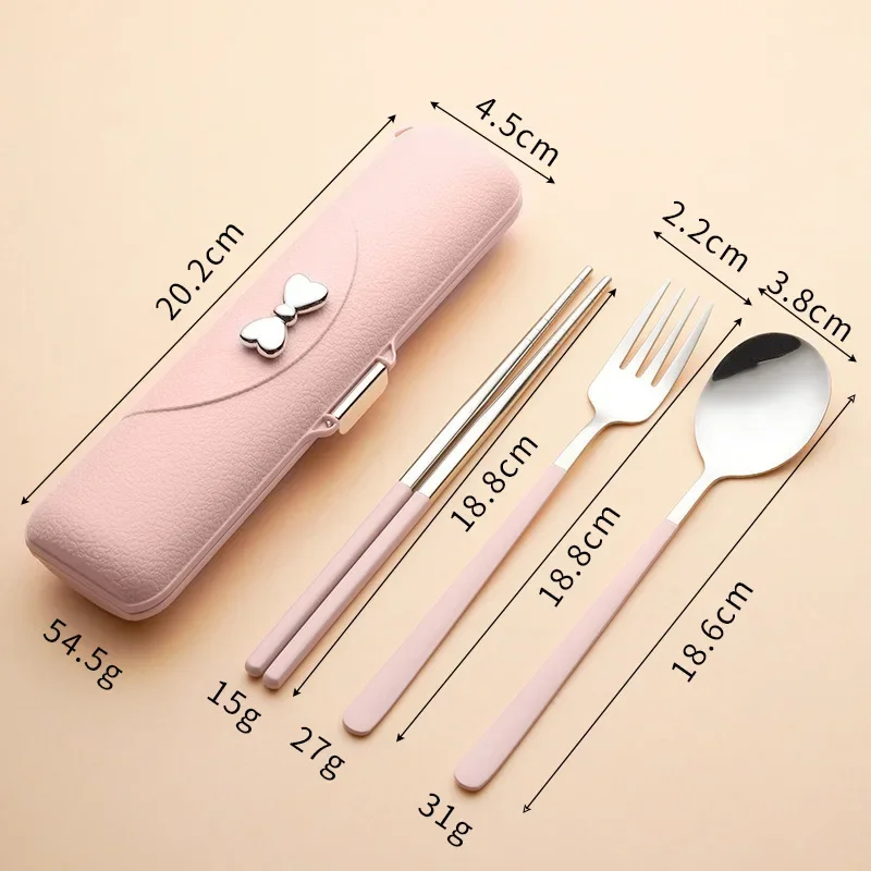 Stainless Steel Tableware Set Portable Bowknot Spoon Fork Chopsticks Suit Travel Cute Flatware Cutlery Box Home Camping Tools