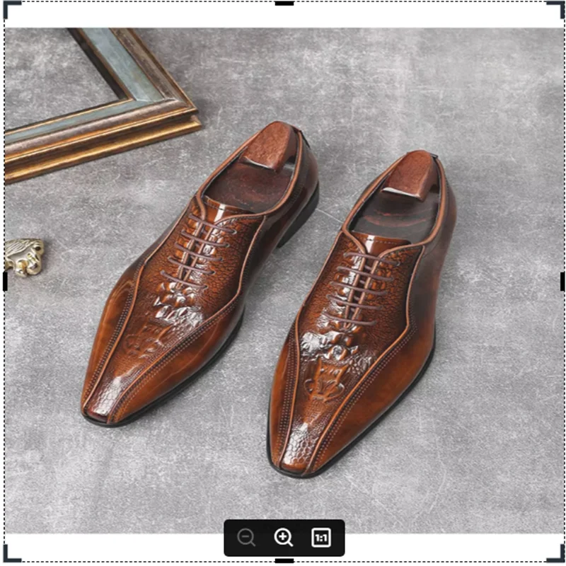 Shoe Guy. Leather dress shoes for men, crocodiles embossed, fashionable men, groom's style, large size
