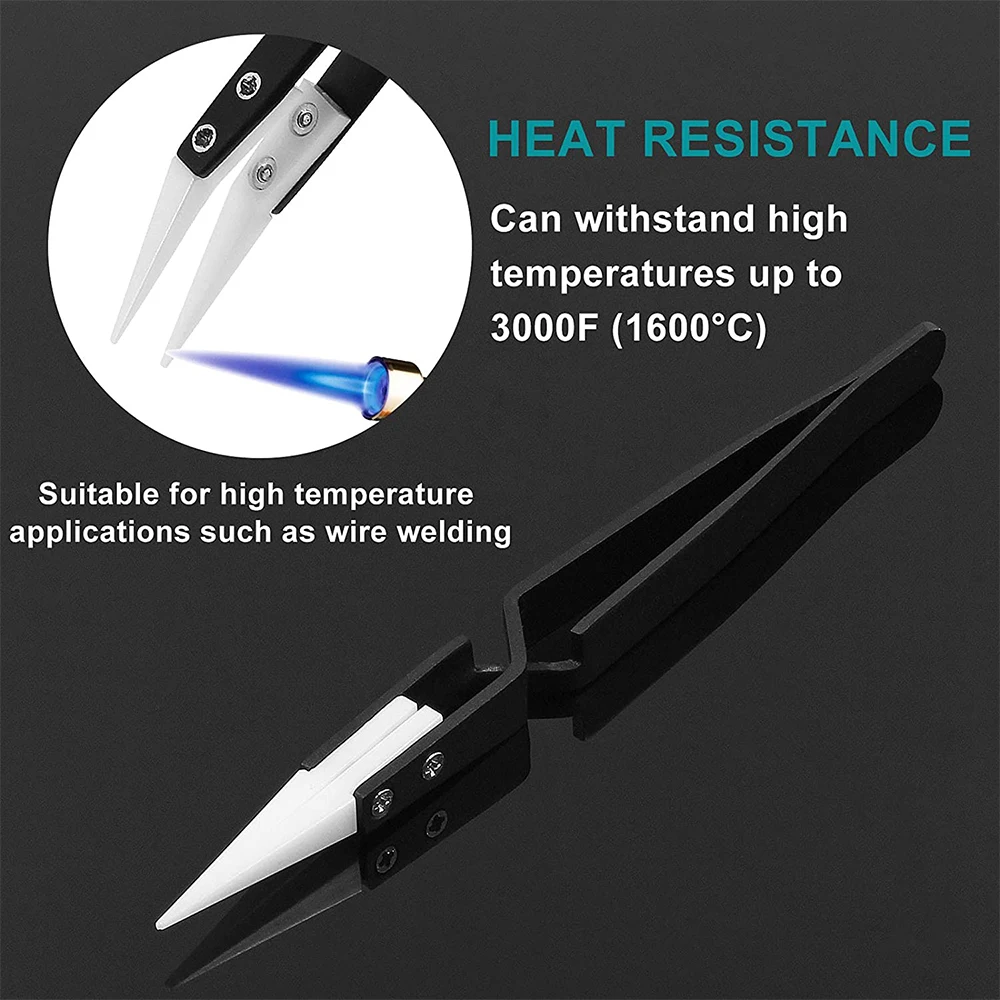 Precision Ceramic Tweezers, Heat-Resistant, Non-Conductive, Anti-Magnetic, Black