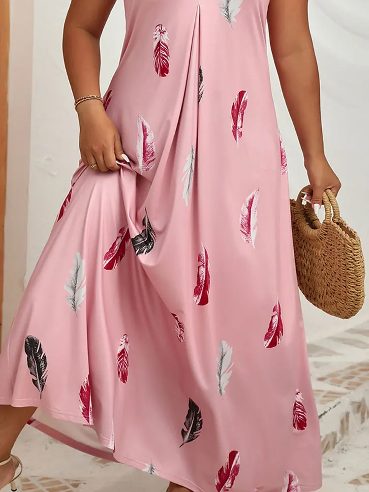 Women's Elegant and Pretty Long Polyester A-line Dresses Suspenders Party Feather Pattern Pink Print Casual New Plus Size 2024