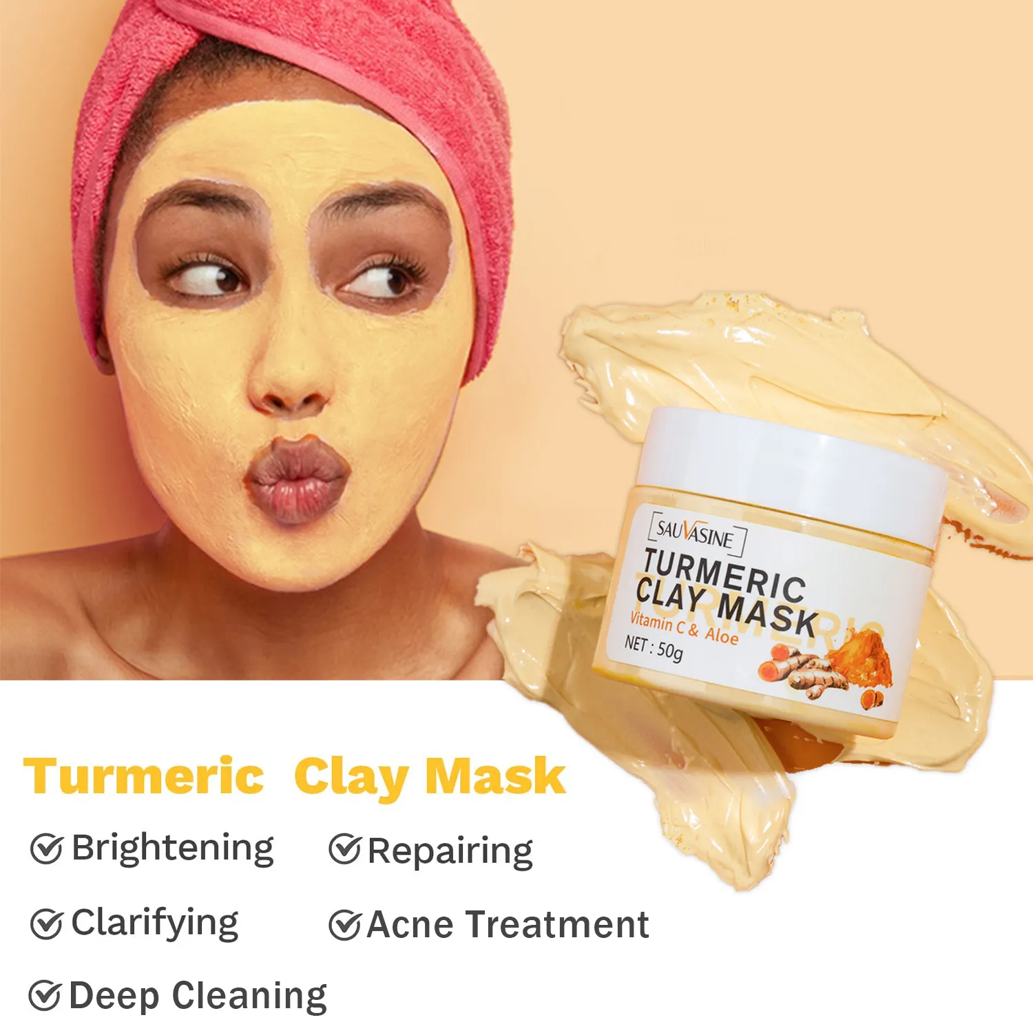 Professional Turmeric Mud Clay Face Mask Whitening Vitamin C Acne Treatment Dark Spots Remover Deep Cleaning Brightening Cream aravia professional маска для глубокого очищения лица против черных точек   head clay mask