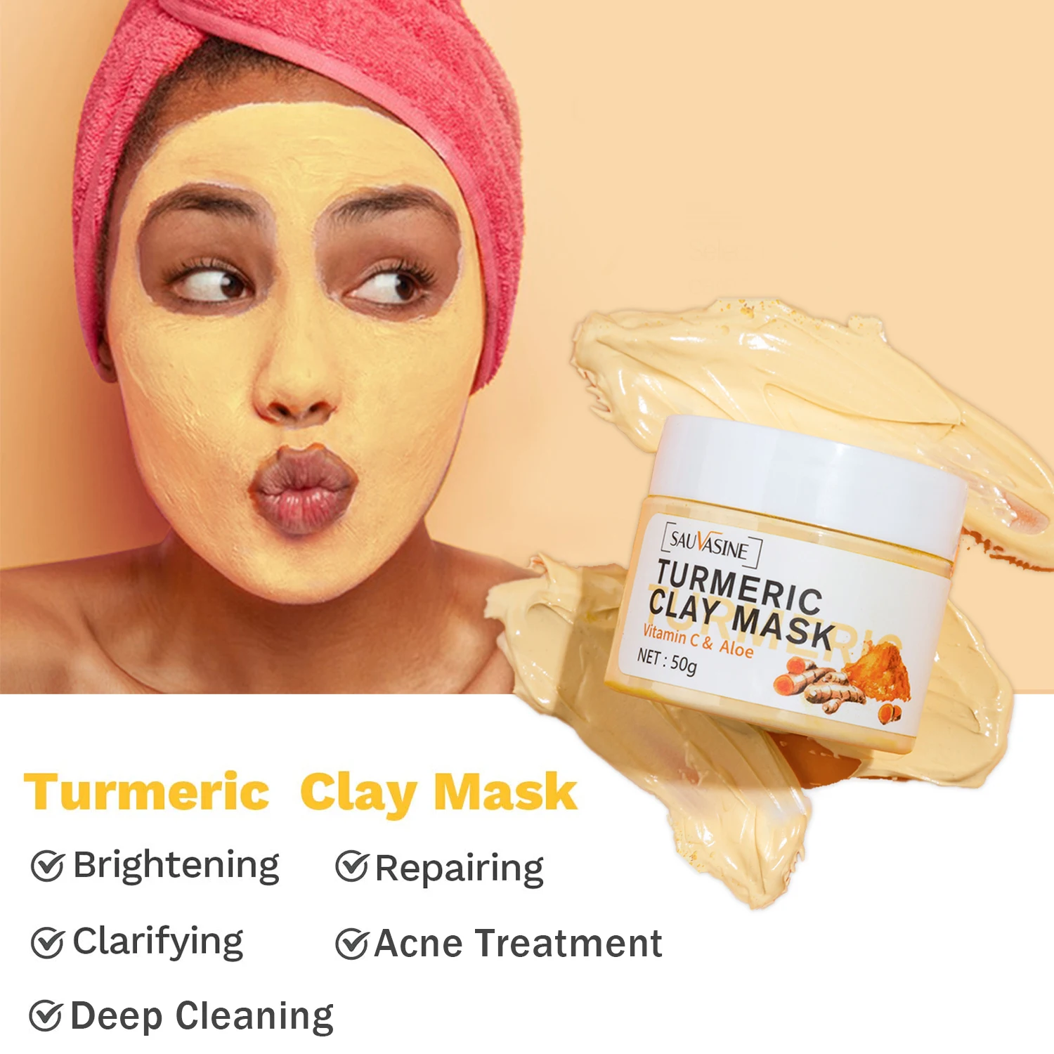 Professional Turmeric Mud Clay Face Mask Whitening Vitamin C Acne Treatment Dark Spots Remover
