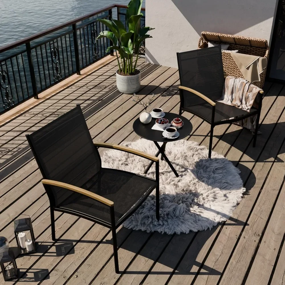 

3 Piece Patio Bistro Set - Two Chairs with Coffee Table, Outdoor Breathable Rocking Chair and Black Furniture Conversation Set