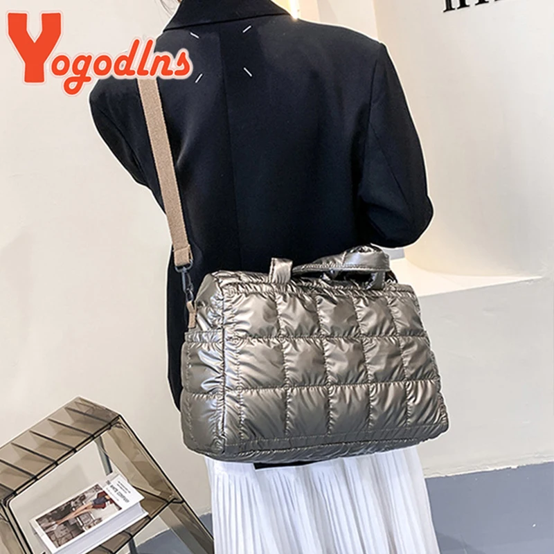 Yogodlns-Bolsa de algodão acolchoado para viagens, bolsa de ombro grande capacidade, bolsa de nylon impermeável, bolsa crossbody, espaço luxuoso