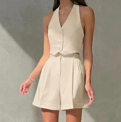 Women Backless Button Vest Shorts Sets Cotton Linen Vintage V Neck Vest Blazer with High Waist Wide Leg Shorts 2 Pieces Sets