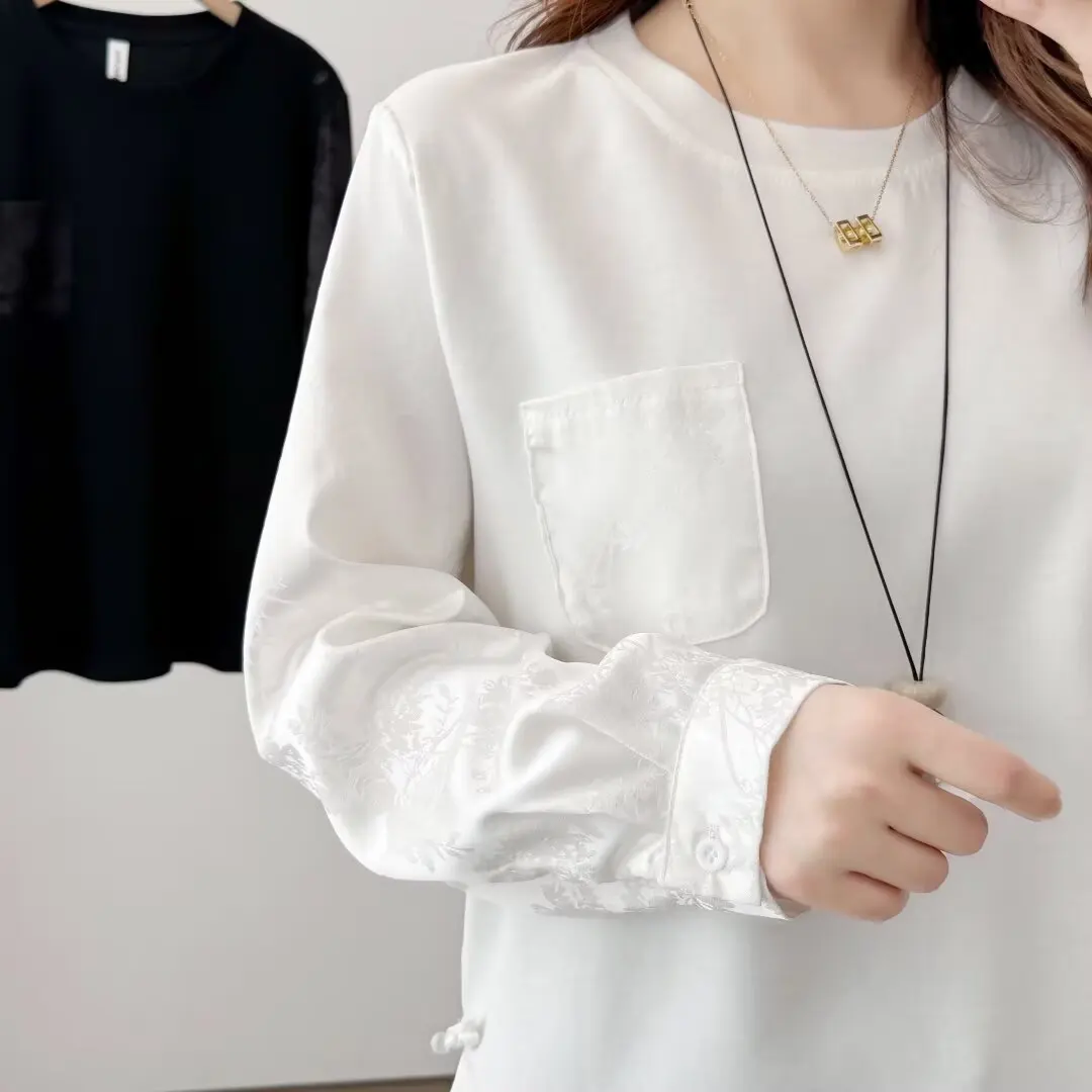 XXXXL Fashion Plus Size Women's T-Shirt 2025 Autumn New Chinese-style Satin Patchwork Long Sleeved Top 2566