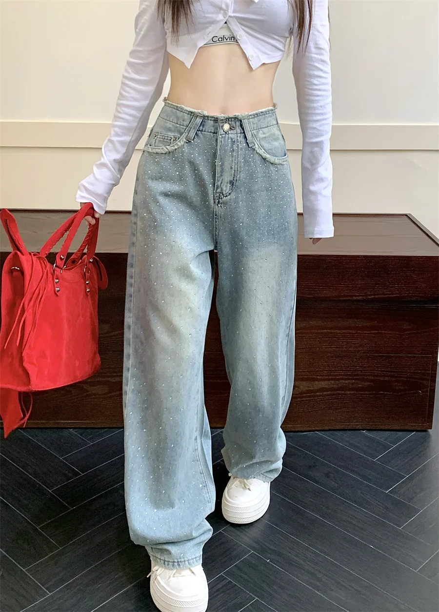 

Slergiri Hot Diamond Raw Trim Baggy Jeans Y2k Streetwear Women Spring Summer High Waist Washed Retro Straight Wide Leg Jeans