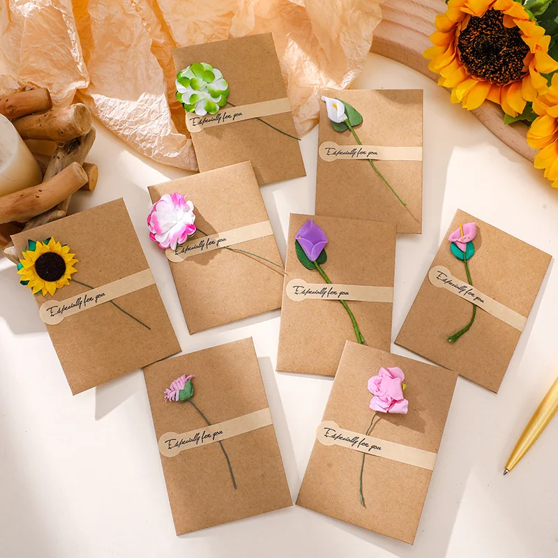 

5PCS Fake Flowers Greeting Card Wedding Invitations DIY Retro Kraft Paper Handwritten Blessing Card Birthday Thank You Envelope