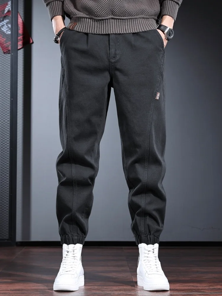 Autumn Cotton Baggy Pants Men Casual Sport Dark Gray Elastic Waist Jogging Trousers
