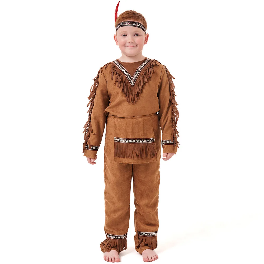 Kids Cosplay Costume Kids Halloween Native Costume Boys Brown Color American Indian Tribal Warrior Outfits