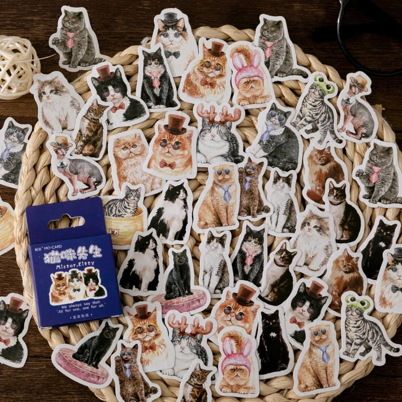 

50box Cat Sticker Scrapbooking Stationery Decoration Flakes Cartoon Cute Kitten Sticker Notebook Stickers Pack Adhesive Diary