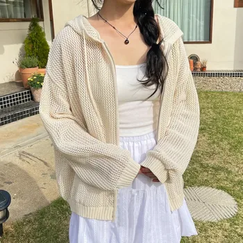 Women's Loose Fit Open Knit Hoodie Zip Up Long Sleeve Hooded Cardigan for Spring Summer Casual Daily Wear 1