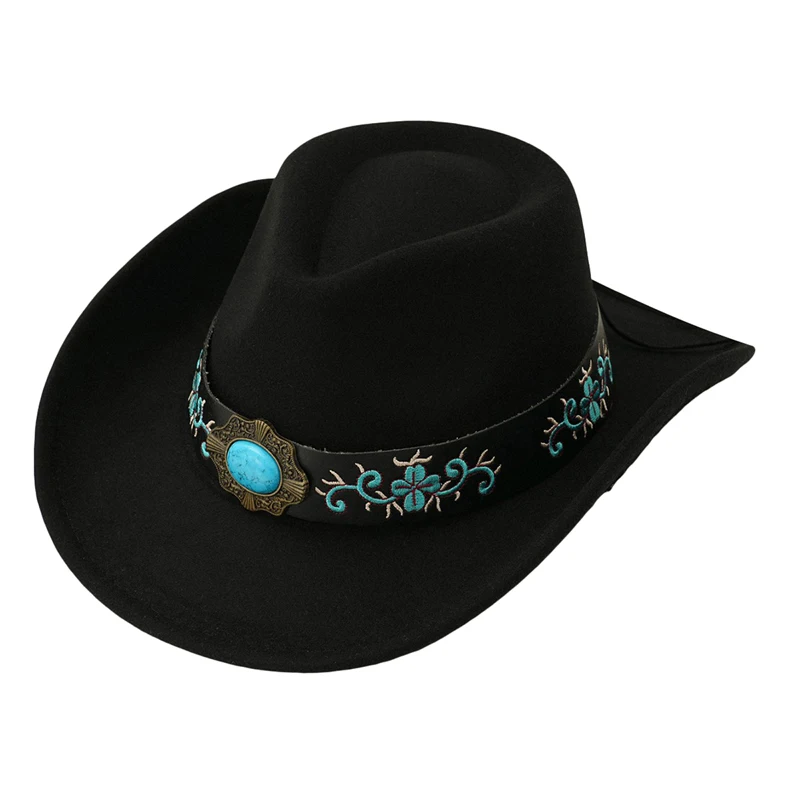 Wide Brim Cowgirl Hats with Vintage Embroidered Hat Band Jazz Hats Western Style Sombreros for Women Men