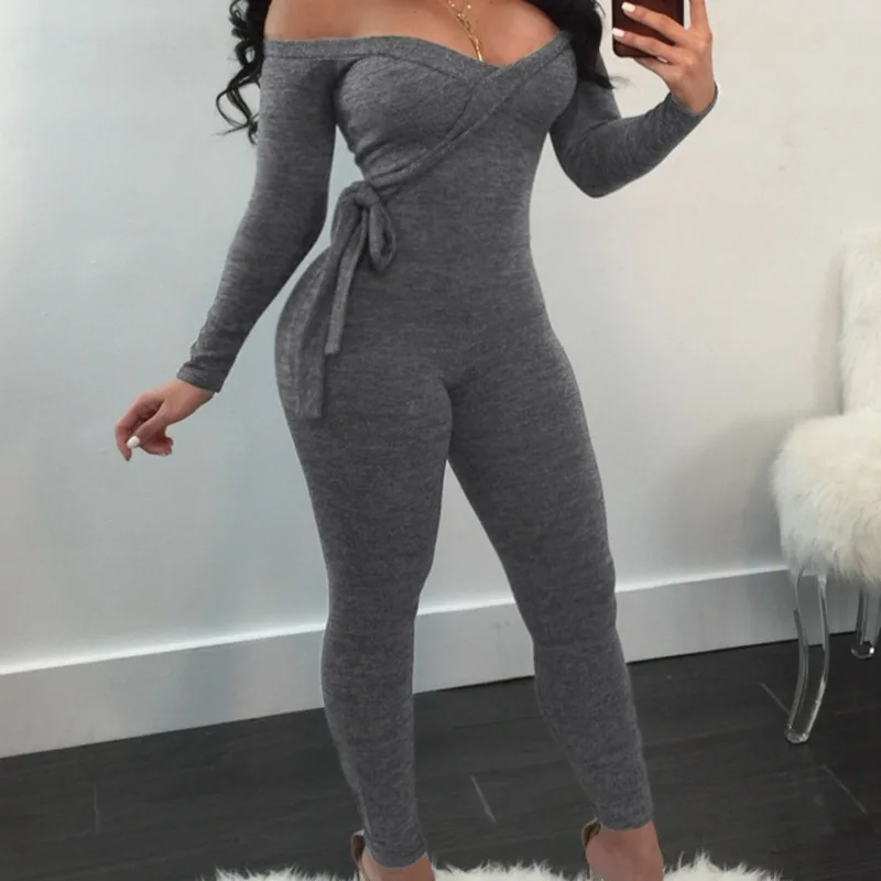 

One Piece Women Solid Jumpsuits Off Shoulder Sexy V Neck Full Sleeve Overalls Lace Up Long Pants Sheath Rompers Slim Fit