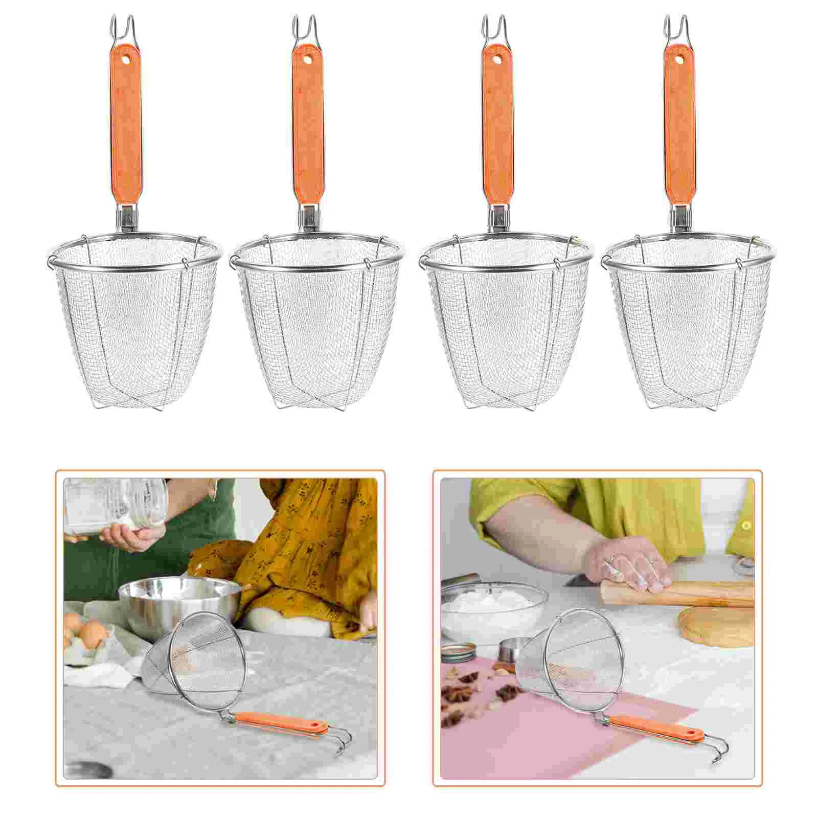 

4 Pcs Stainless Steel Filter Noodle Strainer with Handle Kitchen Cookware Mesh Pasta Spoon Wood Baskets