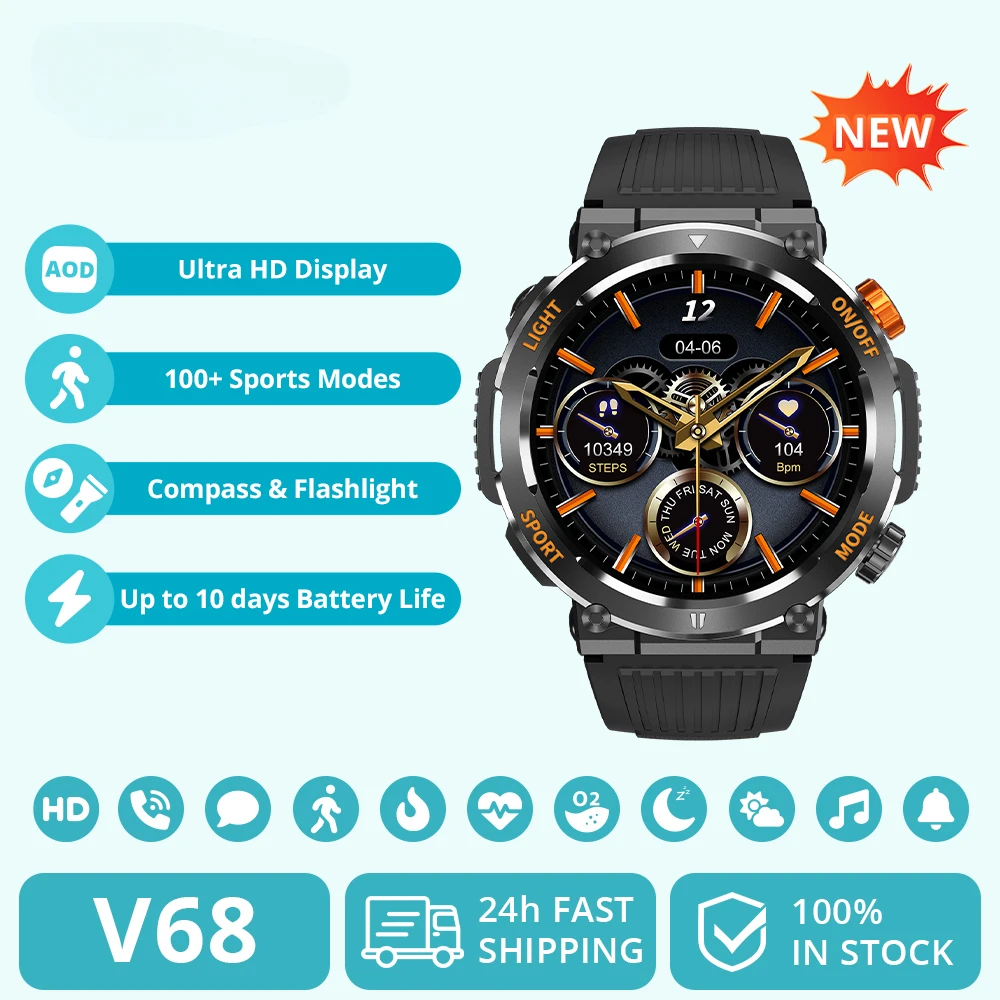 

[2024] V68 1.46'' HD Display Smartwatch 100 Sports Modes Compass Flashlight Men Military Grade Toughness Smart Watch Android