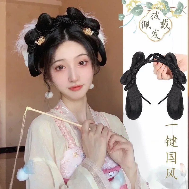 

Antique Hanfu Black Bun Wig Hoop Chinese Ancient Style Lazy Women Hair Hoop, Use In Traditional Costume Design For Women ＆ Girls
