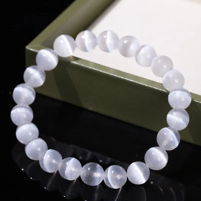 JD Natural White Selenite Stone Bead Bracelet Women Men 100% Real Gypsum Round Stone 6 8 10mm Stretch Bangles Mineral Yoga Gift