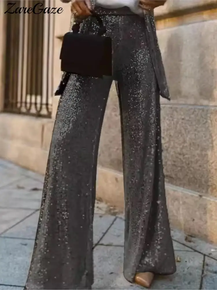 Fashion Silver Sequined Jacket Pant Suit Women Long Sleeve Coat