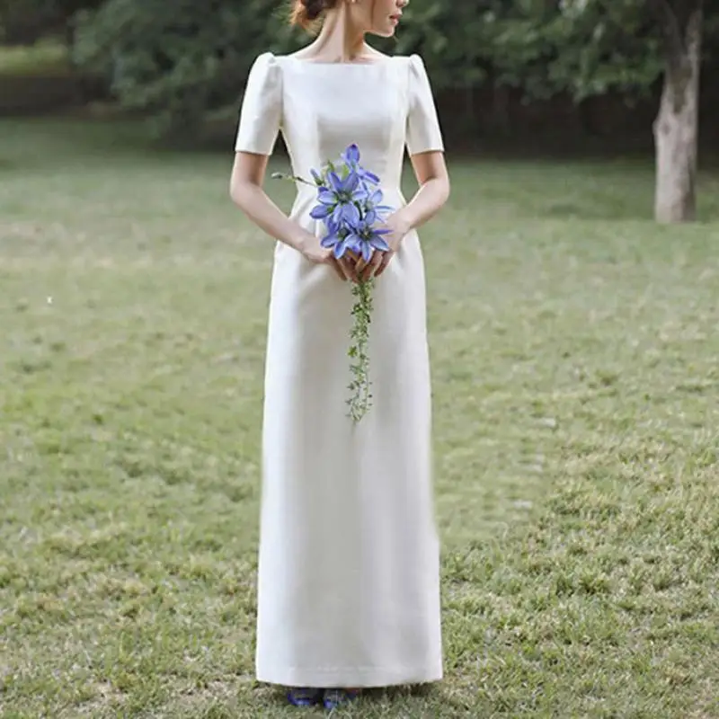 

New Simple Wedding Dresses For Women Elegant Floor-length Bridal Dress With Short Sleeve Satin Vestidos De Novia Custom Size