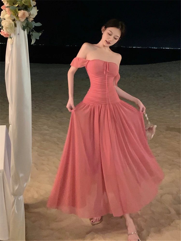 

New Sweet Cute Beach Strap Dress Women Summer Fashion 2024 Chiffon A-line Short Sleeve Fairy Pink Vestidos Clothing Korean