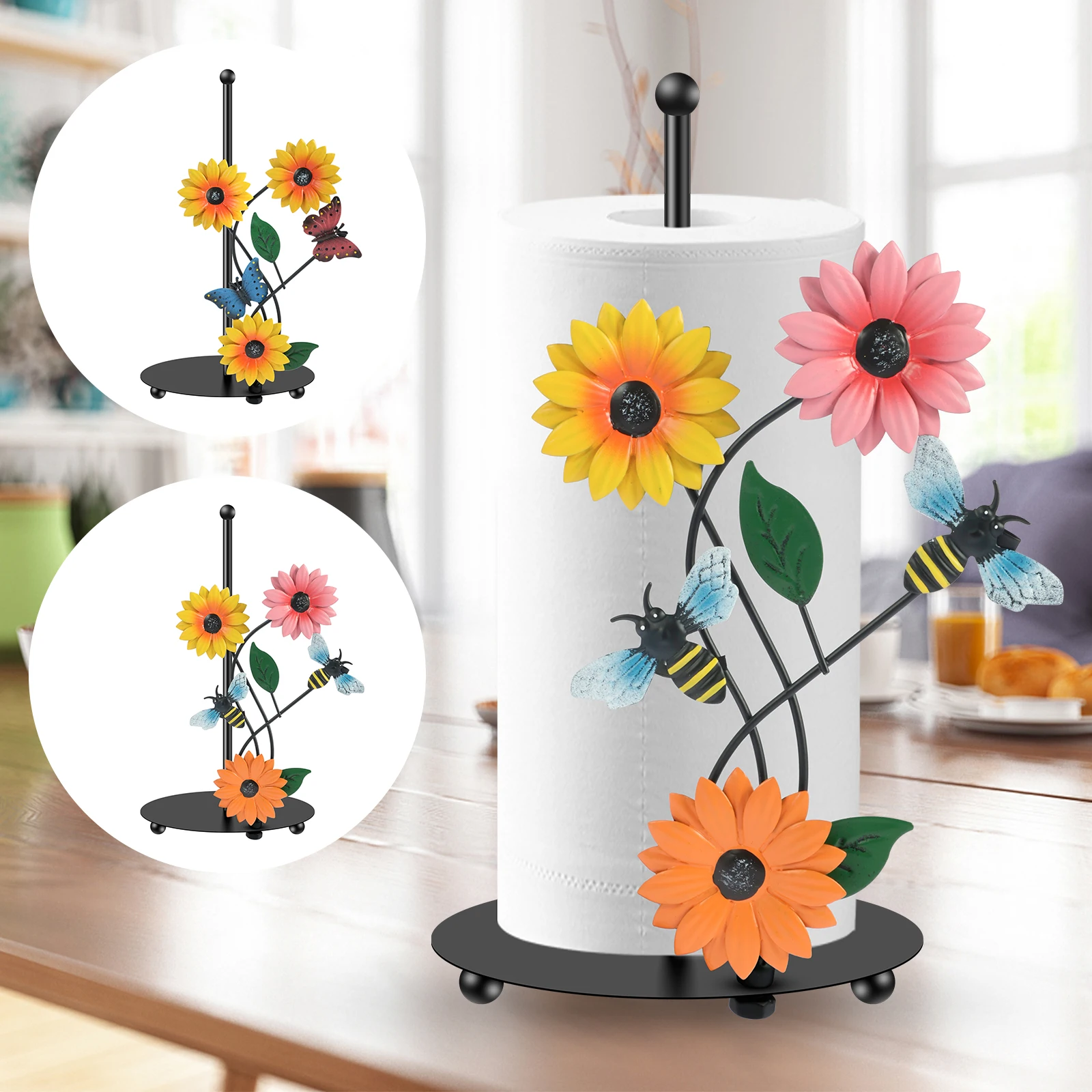 

Sunflower Paper Towel Holder Iron Art Sunflower Kitchen Roll Stand Lifelike Butterfly/Bee Paper Towel Stand Decorative Standing