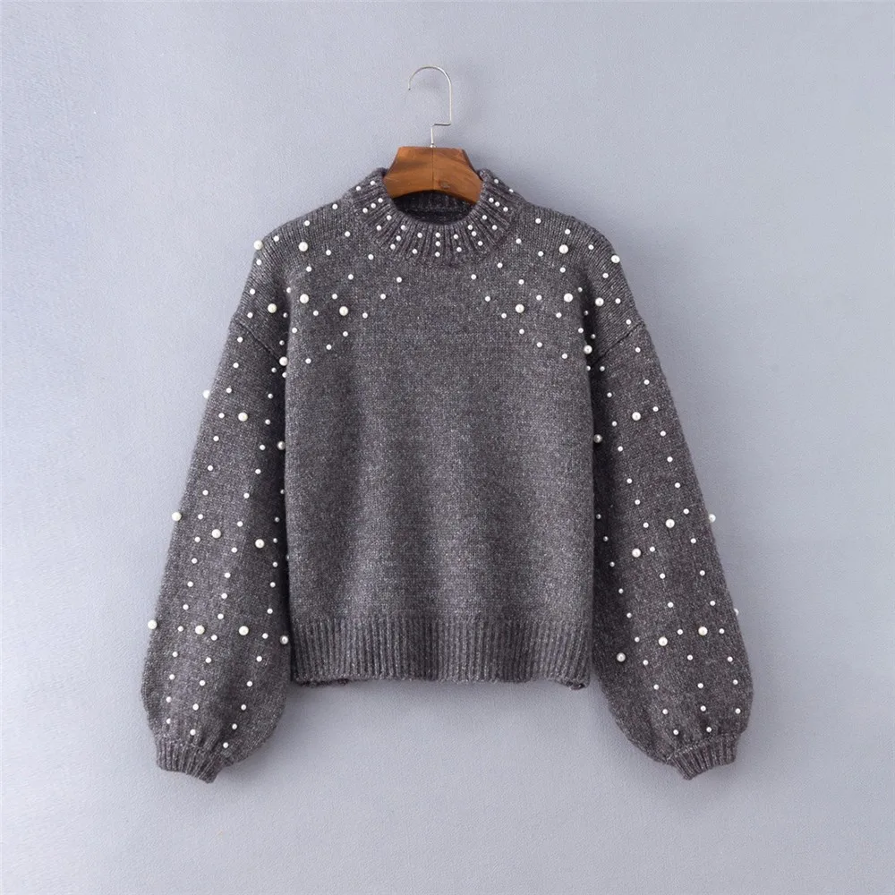 2023 Autumn Winter Women Pearl Knitted Pullover Sweaters Women Loose Casual Loose Long Sleeve Jumper Female Knitted Sweaters