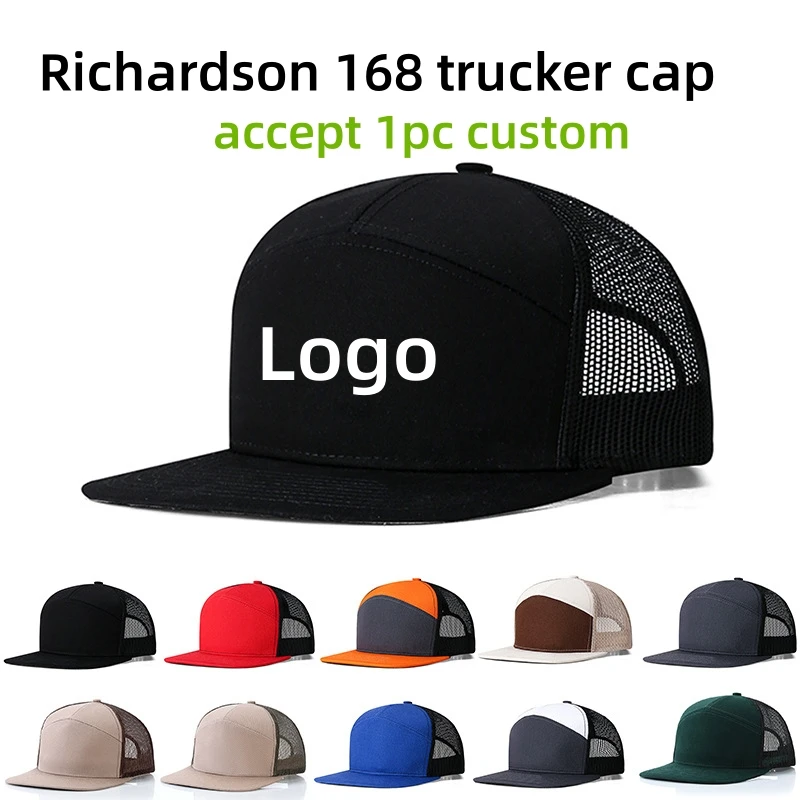 

Custom Logo 7 Panel Trucker Hat Unisex Flat Brim Patchwork Mesh Baseball Caps Mens Hip Hop Sport Hats Visor Hat casquette gorros