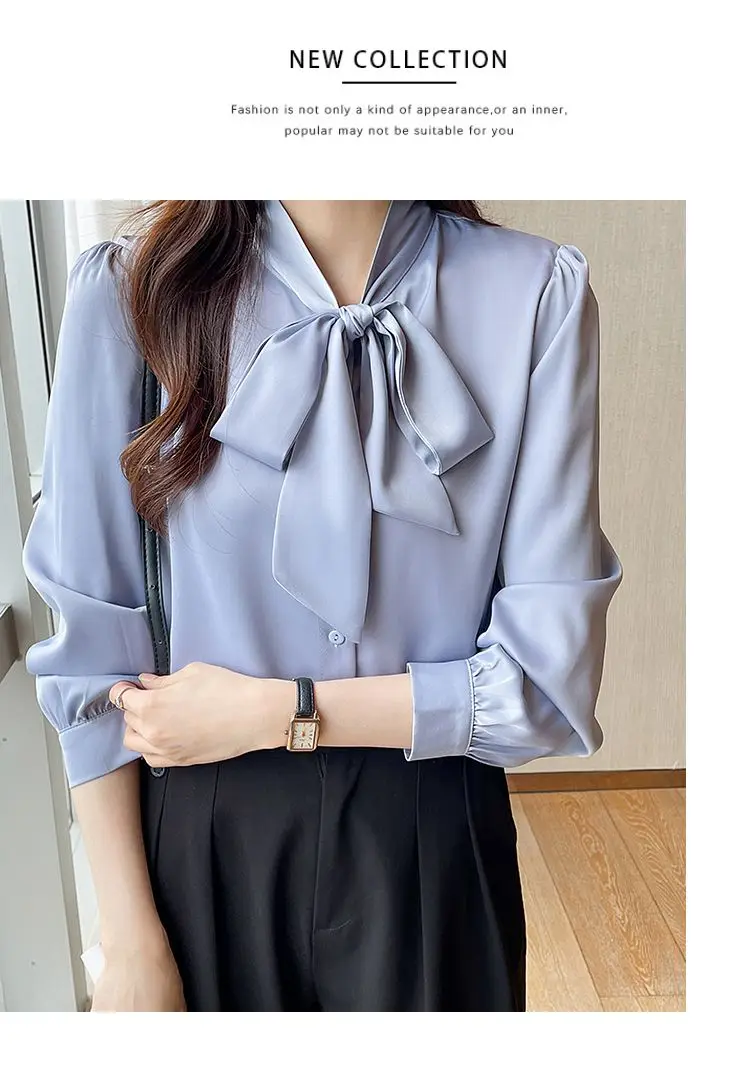 Korean Lacing Loose Solid Blouse Spring Autumn New Chiffon Long Sleeve All-match Elegant Shirt Tops Fashion Office Women Clothes